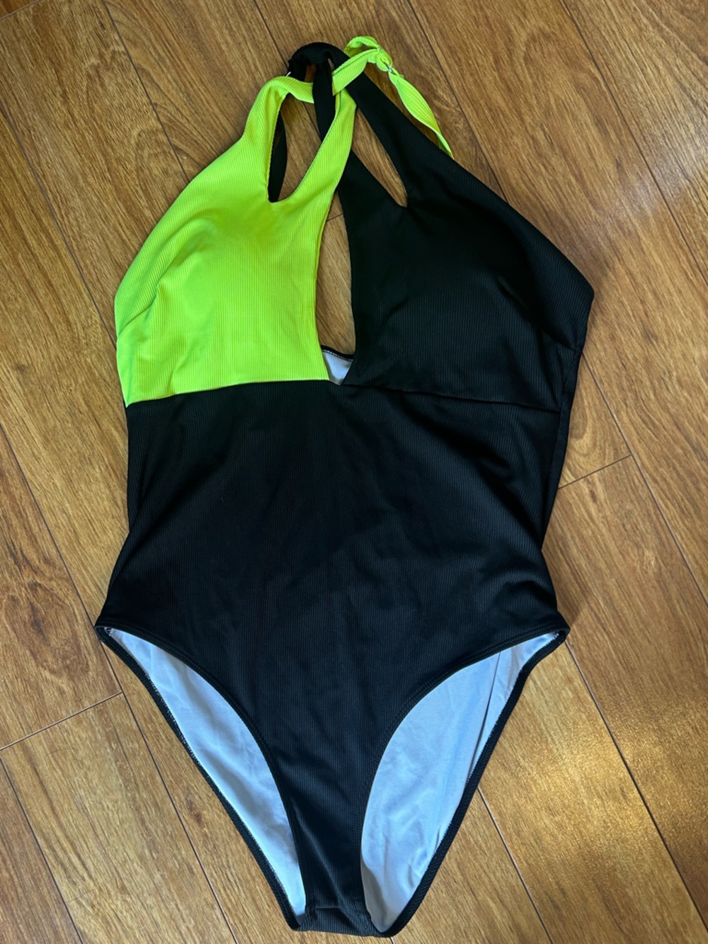 Women’s Black & Neon Green Racerback One-Piece Swimsuit Size 2XL